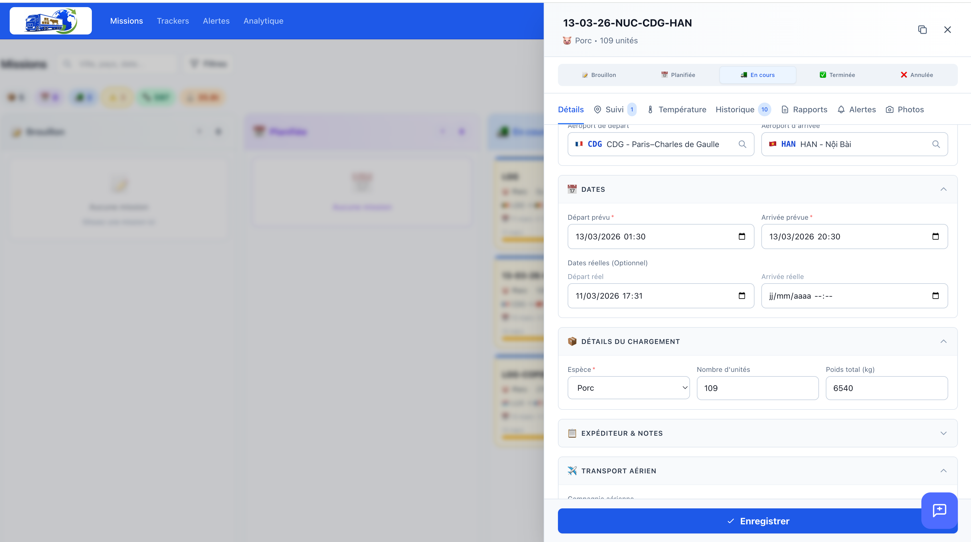 Détail d'une mission de transport CDG → Hanoï